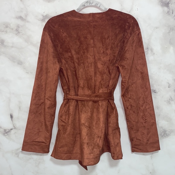 Love Token Faux Suede Leather Open Front Belted Jacket - Picture 9 of 12